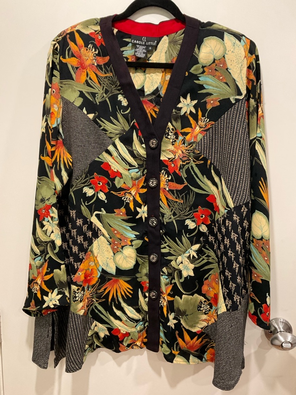 Carole Little Black Floral Patchwork Button Cardigan with Green & Orange
